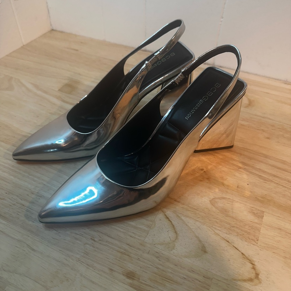 BCBGeneration Metallic Silver Block Heels